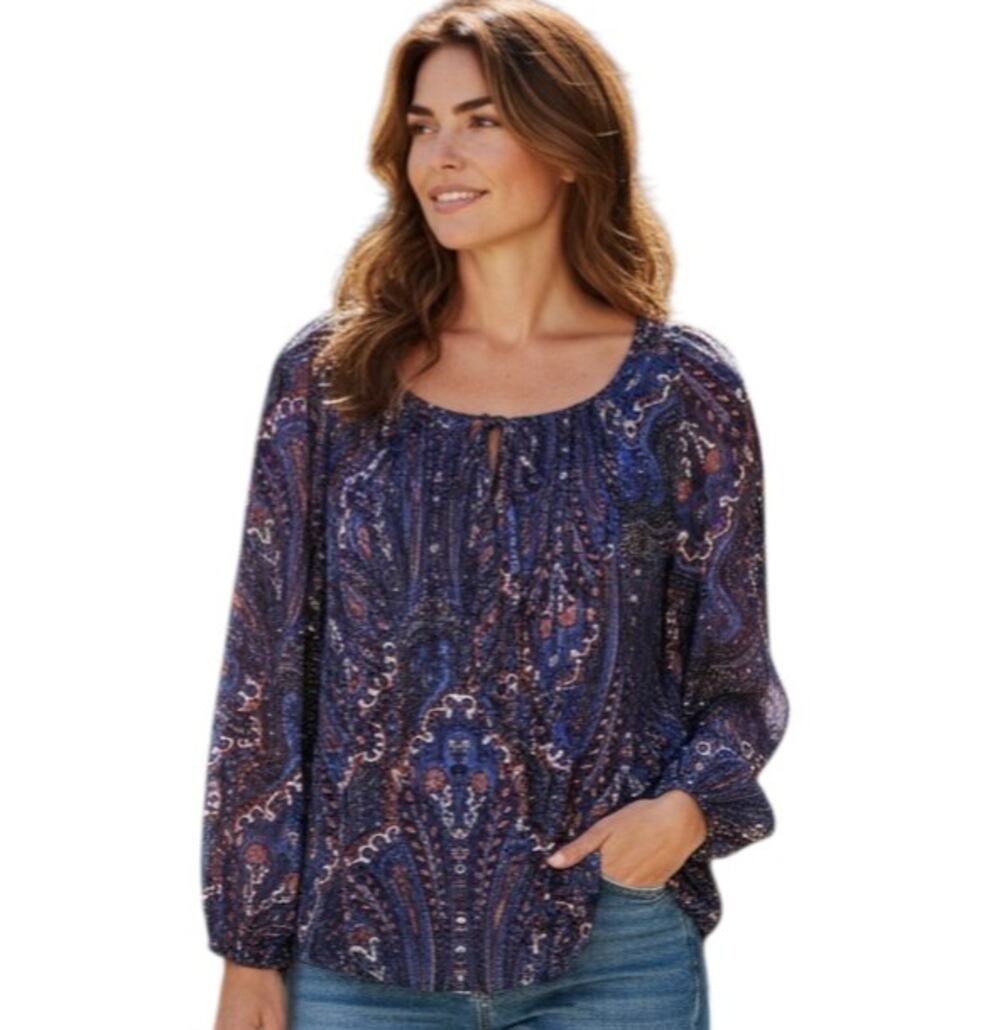 JOIE Women's M Vandrea Silk Blouse Paisley Multicolor 3/4 Sleeve Semi Sheer 38"
